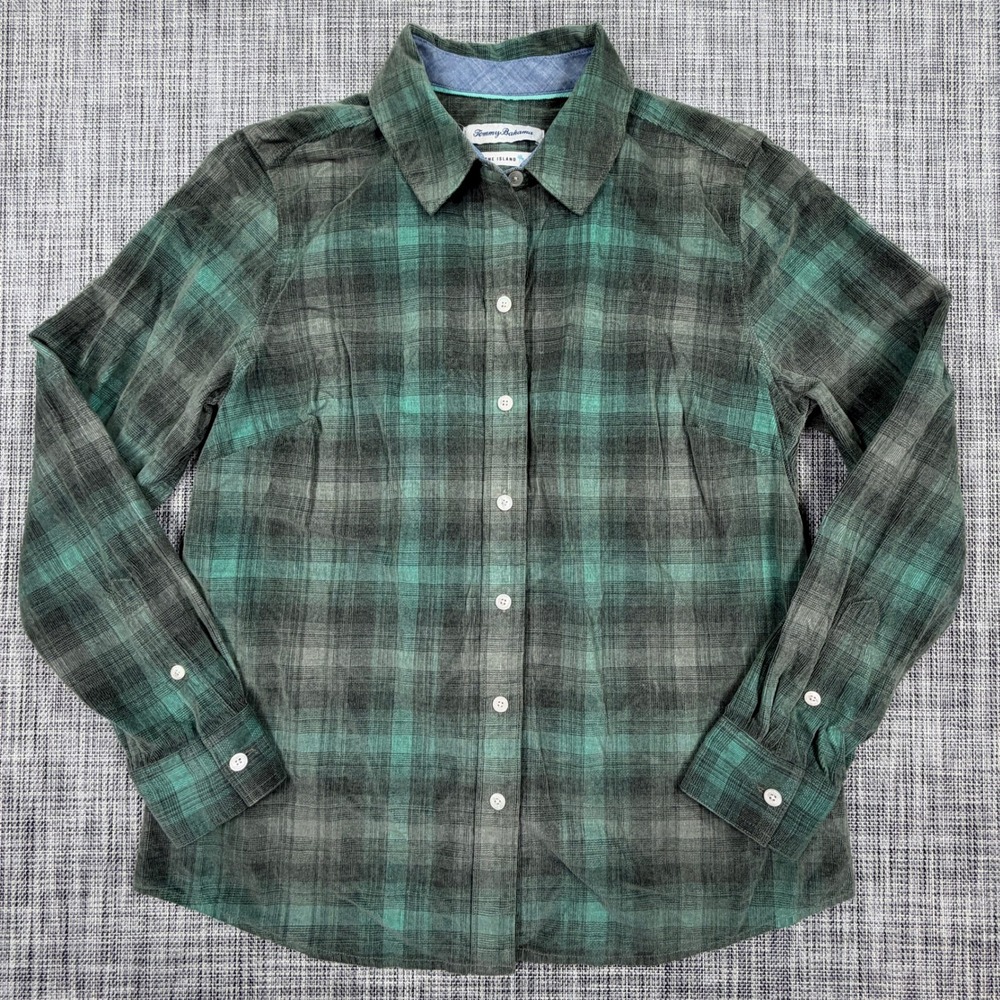 Tommy Bahama Womens Plaid Cotton Corduroy Button Down Shirt Green Grey Small